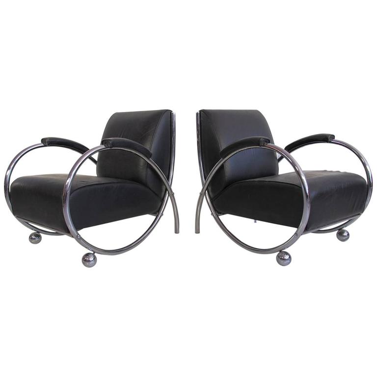 Pair of Chrome and Black Leather Bauhaus Lounge Chairs, circa 1950s at