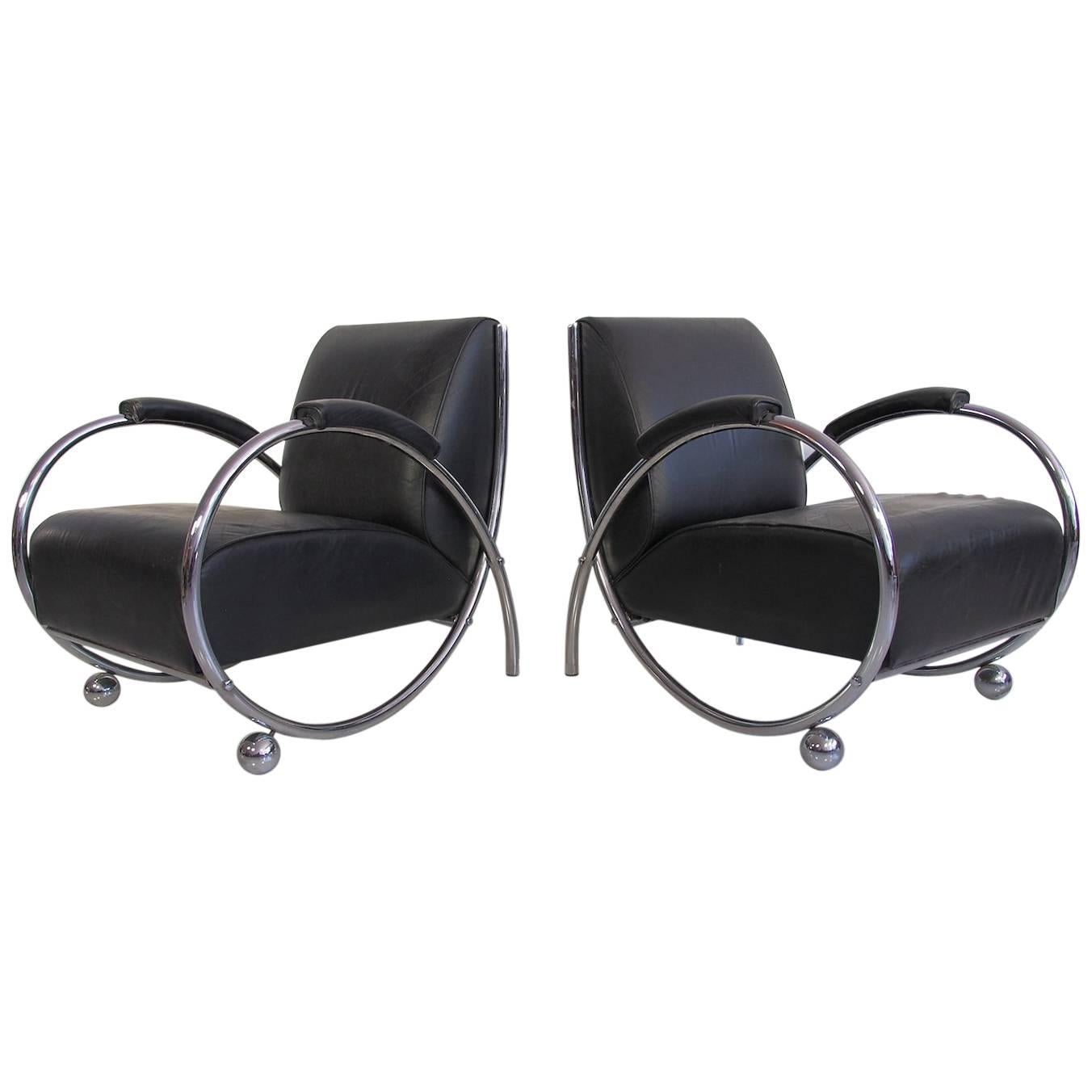 Pair of Chrome and Black Leather Bauhaus Lounge Chairs, circa 1950s