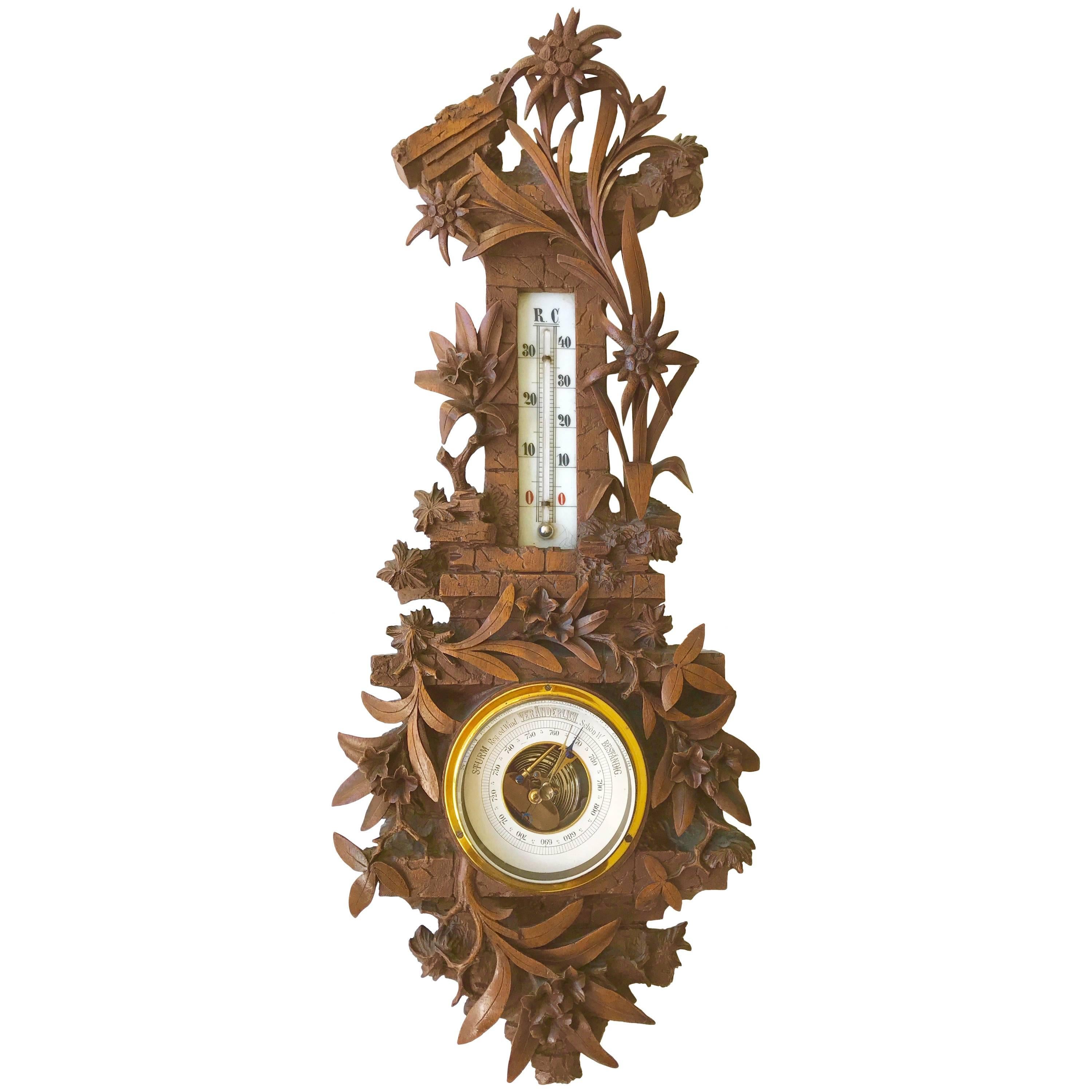 Masterly Crafted w. Edelweiss Flowers Swiss Black Forest Barometer & Thermometer For Sale