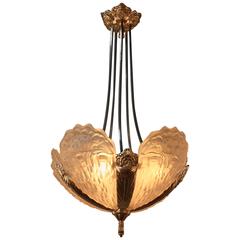 French Art Deco Nickel on Frost Glass Chandelier