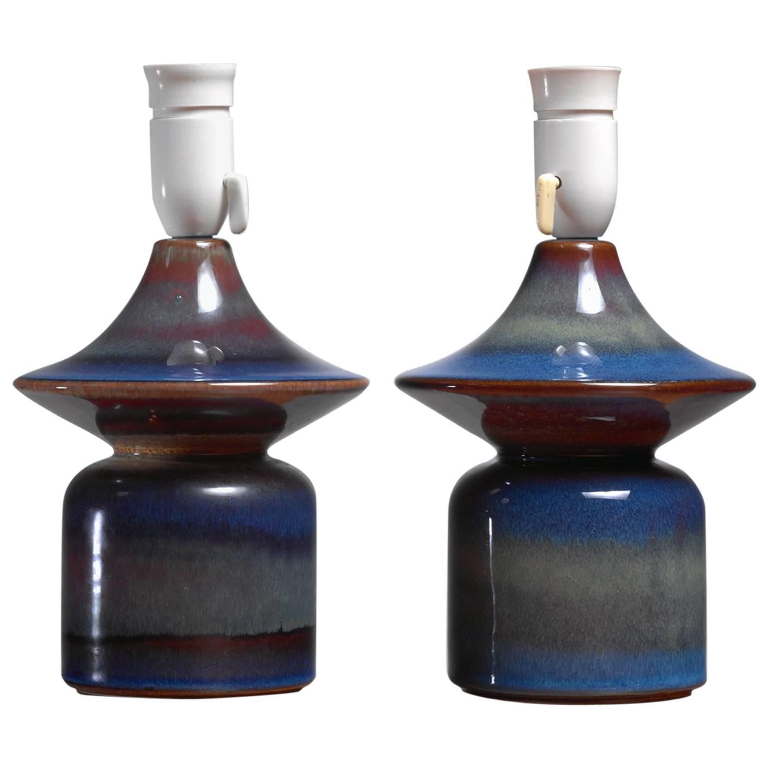 Pair of Blue Ceramic Table Lamps by Soholm, Denmark, 1960s