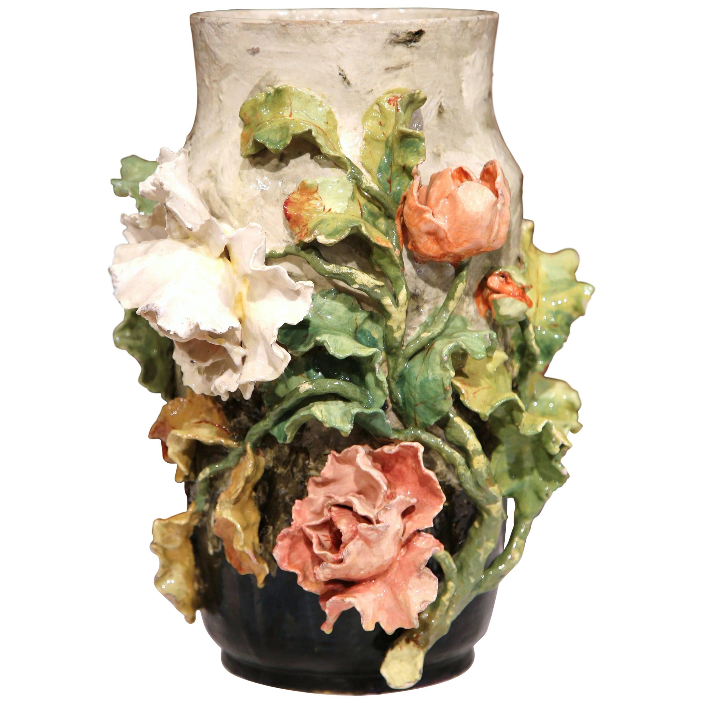 Large 19th Century French Hand-Painted Barbotine Vase with Flowers from Montigny