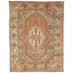 Antique Oushak Carpet, Turkish Rugs, Handmade Oriental Rug Pink Blue Green Coral