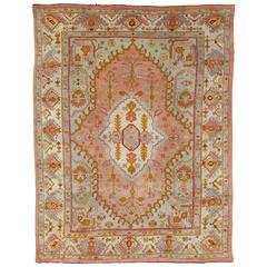 Antique Oushak Carpet, Turkish Rugs, Handmade Oriental Rug Pink Blue Green Coral 8