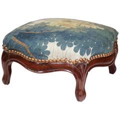 Mid-19th Century French Louis XV Carved Walnut Footstool with Aubusson Tapestry