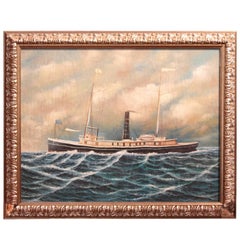 Vintage Framed Oil on Canvas of Tugboat