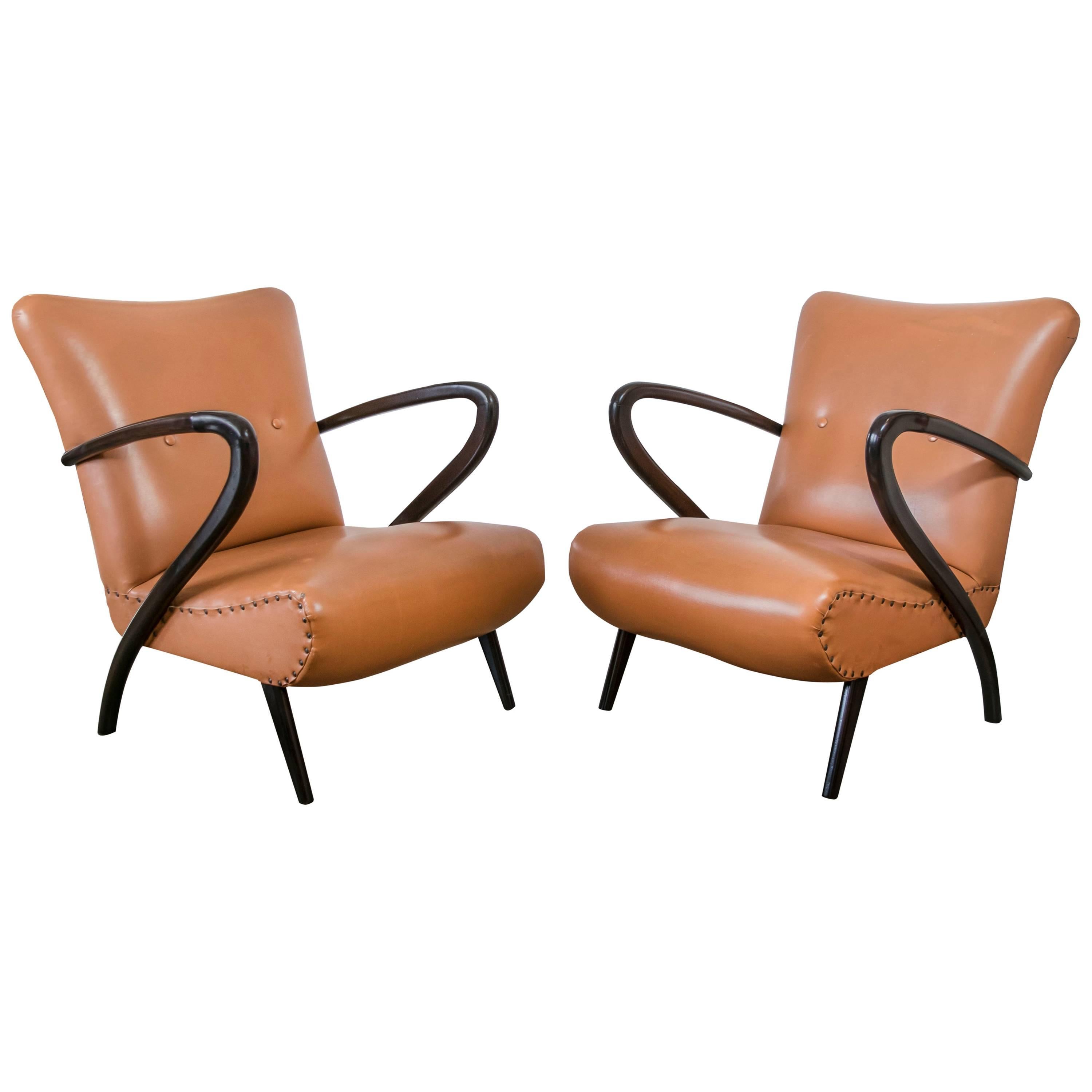 Pair of Mid-Century Italian Chairs with Mahogany Bentwood Frames For Sale