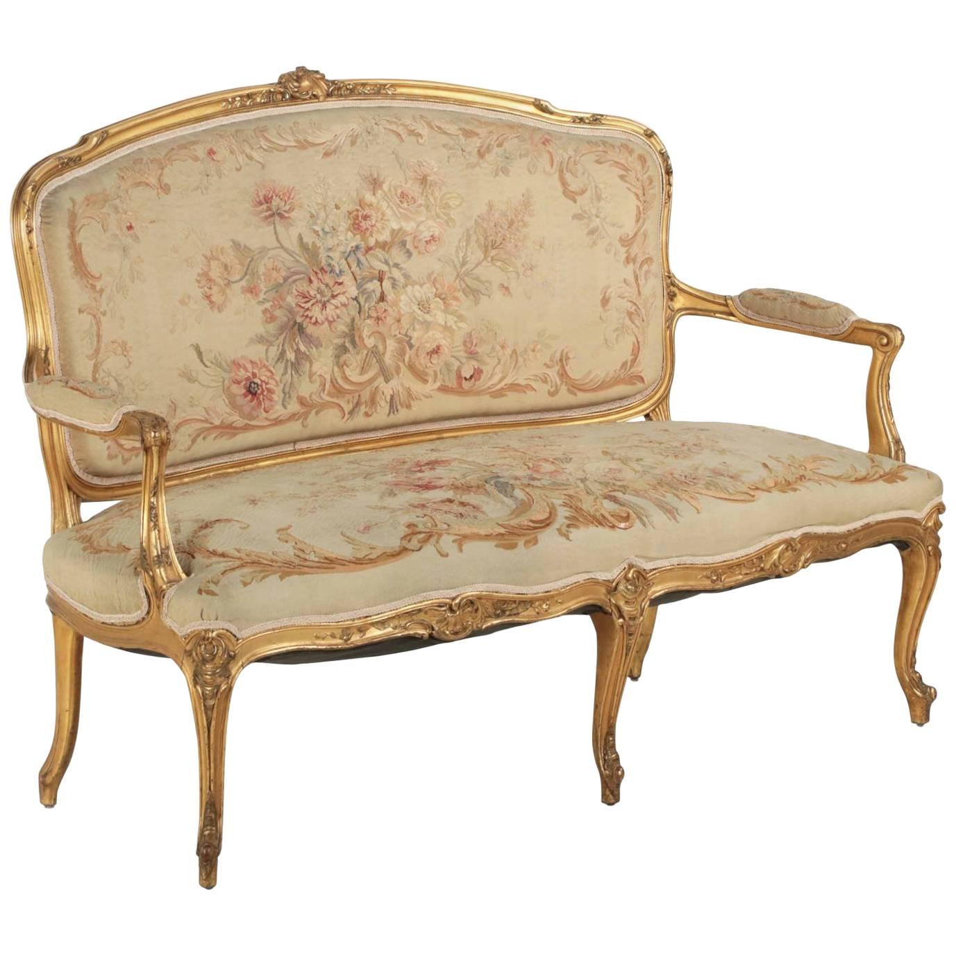 French Louis XV Style Carved Giltwood Antique Settee Sofa, circa 1900