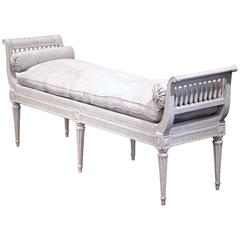 19th Century French Louis XVI Carved Painted Banquette with Grey Suede Fabric
