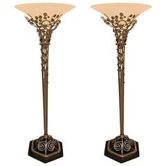 Pair of French Art Deco Floor Lamps with Marble Base