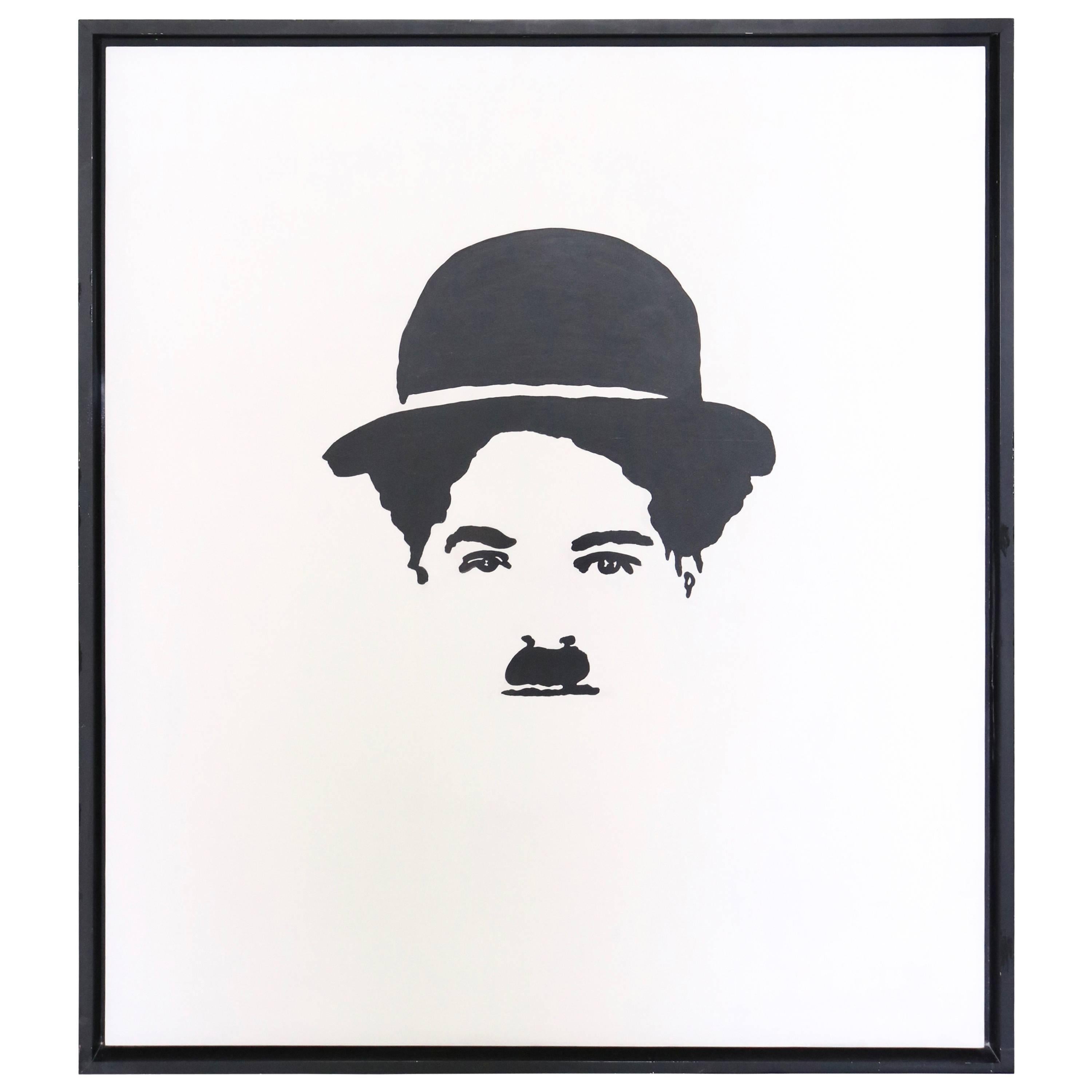 Large-Scale Oil on Board Painting of Charlie Chaplin in Black and White