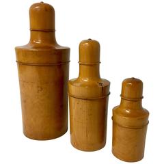 Rare Set Three French Apothecary Wood and Glass Containers