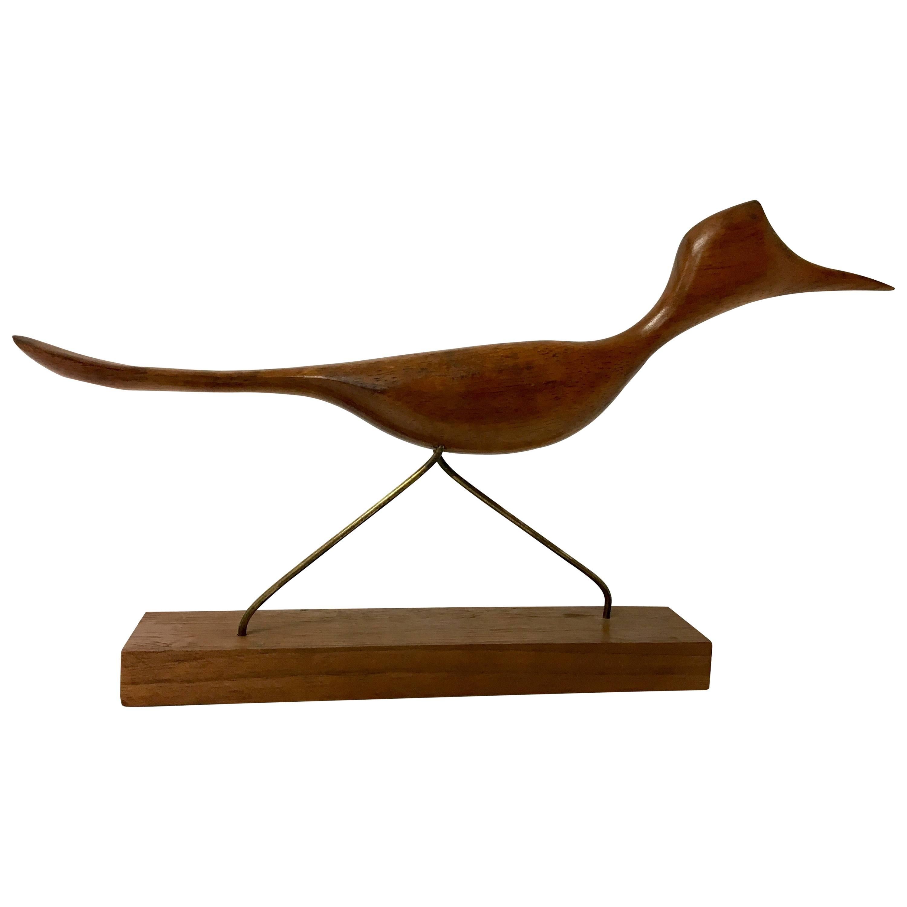 Hawaiian Koa Wood Roadrunner Sculpture with Brass Legs, California, Design 1950s