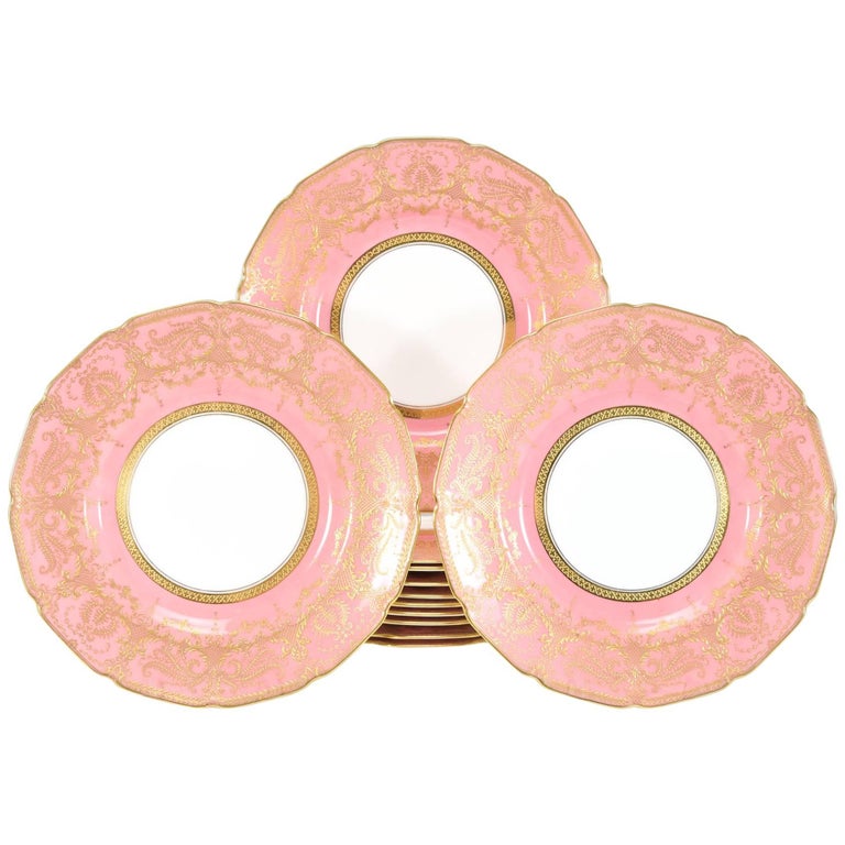 12 Royal Doulton Rose Pink Dessert Plates With Raised Paste Gold