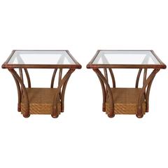 Pair of McGuire Style Square Woven Rattan and Bamboo Side Tables