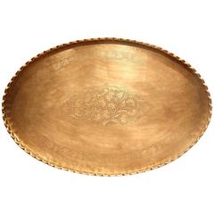 Antique Very Large French Oval Patinated Brass Tray with Engraving Flowers and Leaves