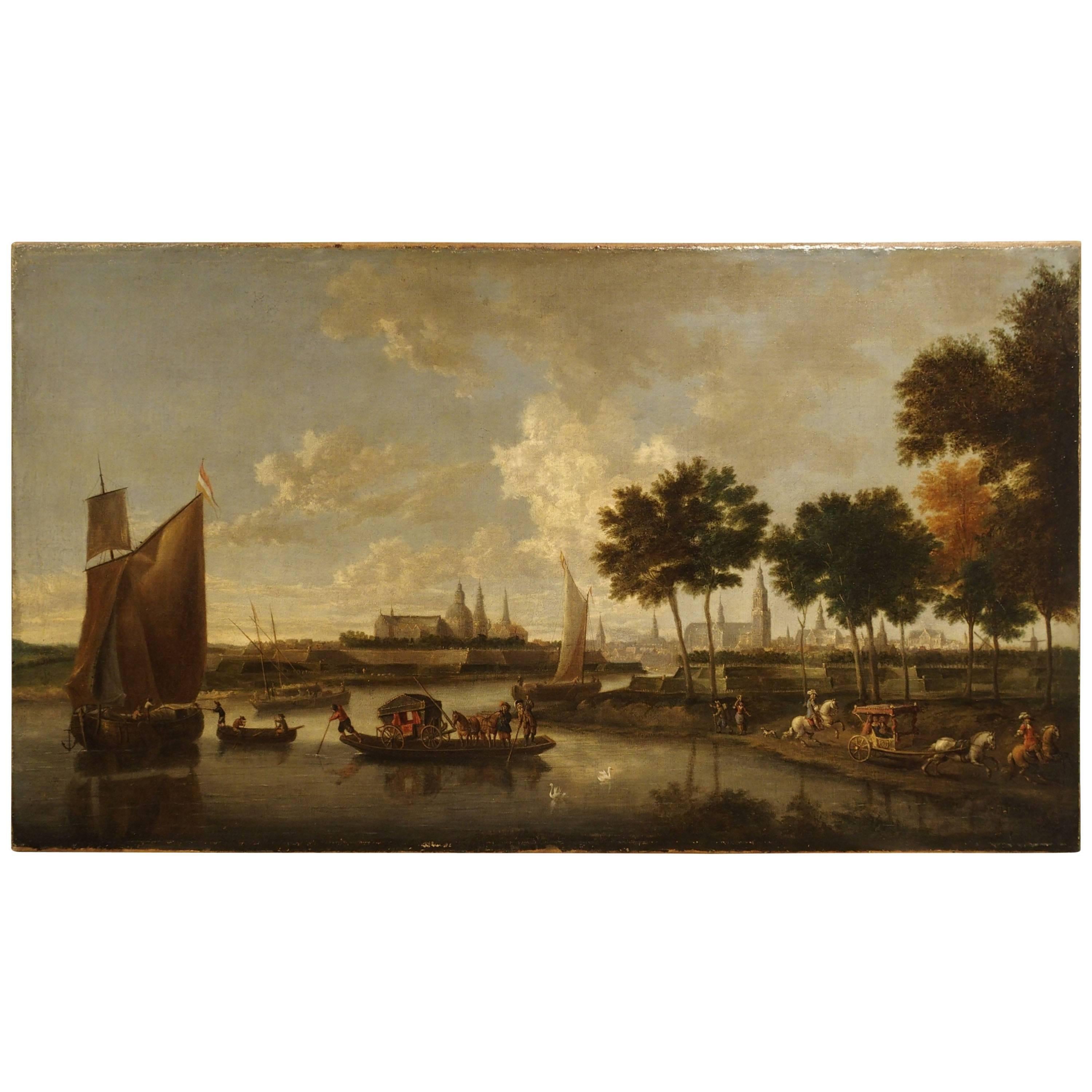 Antique Dutch River Scene Painting, Oil on Canvas Circa 1800
