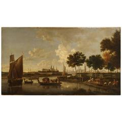 Antique River Scene Painting from Europe, Oil on Canvas, circa 1800 9