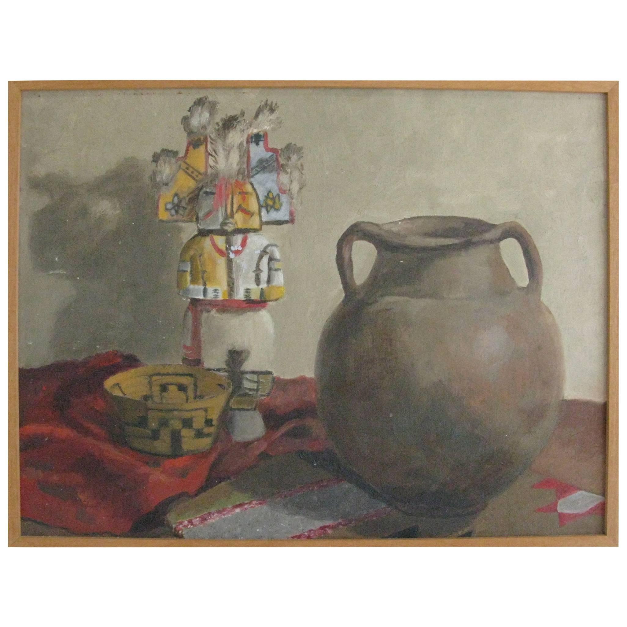 20th Century Oil Painting of Still Life with Native American Artifacts For Sale