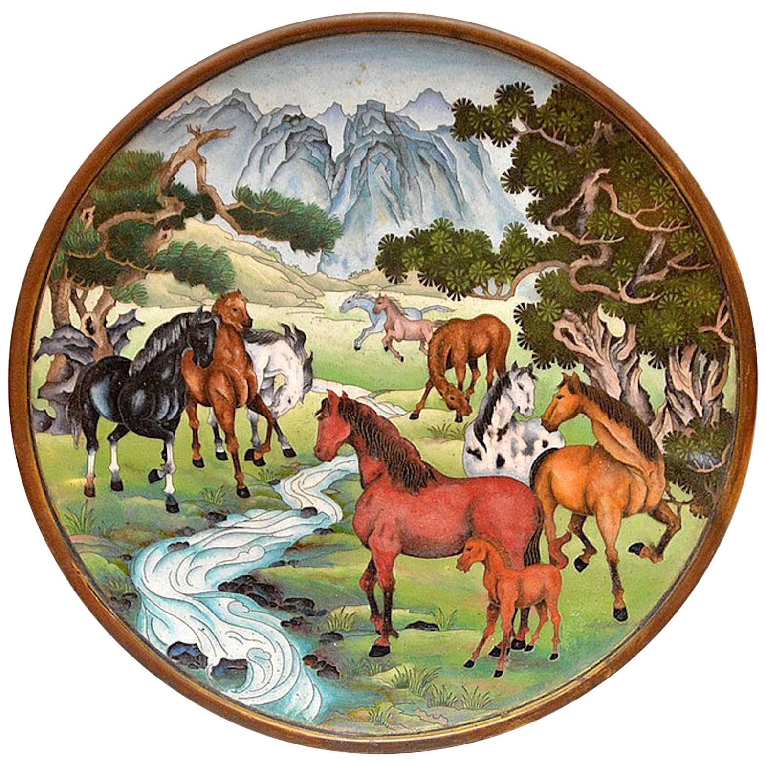 Unusual Equestrian Motif Cloisonné Charger, China, 20th Century For Sale