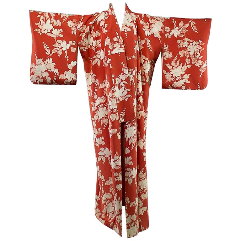 Vintage Japanese Vermillion Red and Cream Floral Full Length Silk Kimono.