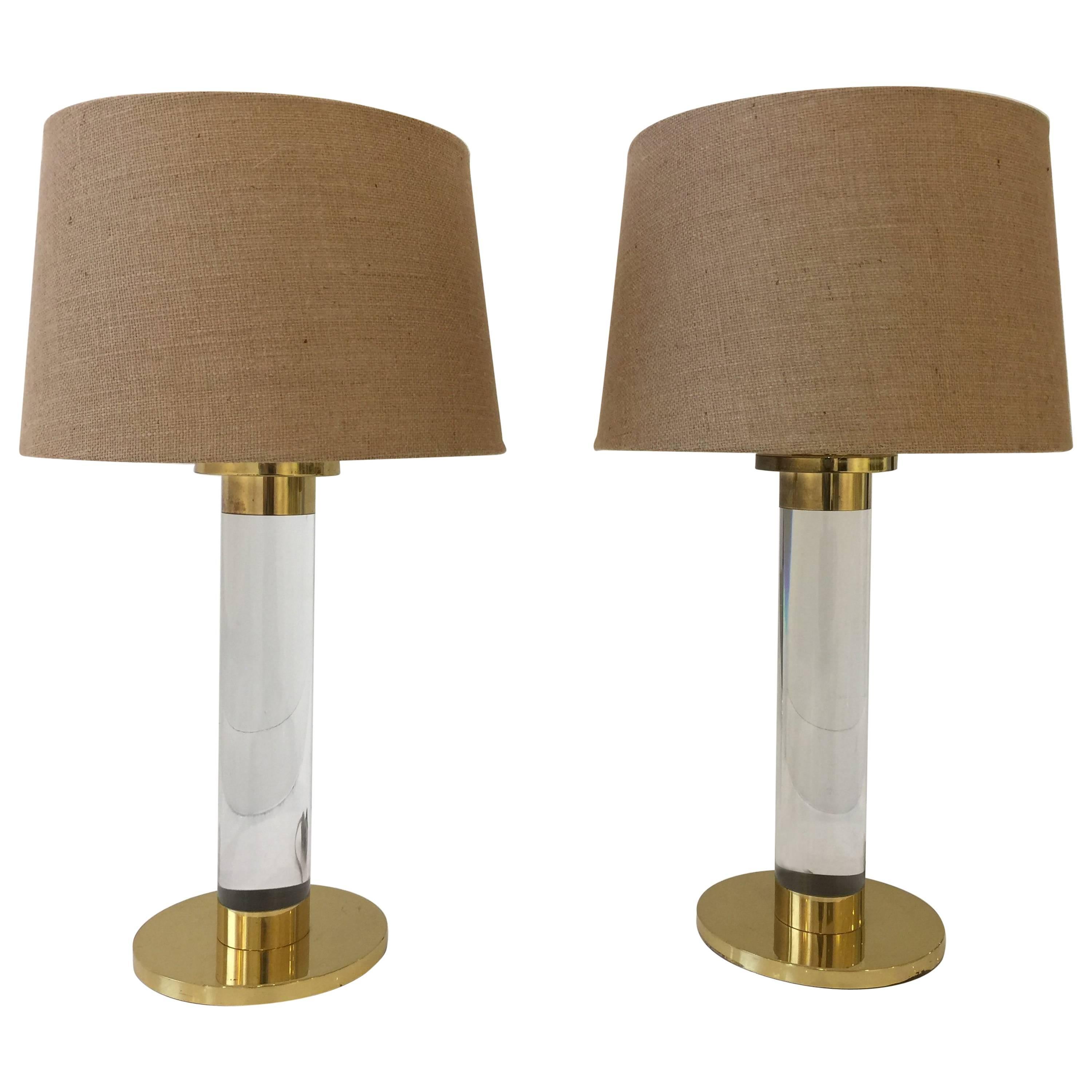 Pair of Lucite and Brass Cylindrical Table Lamps