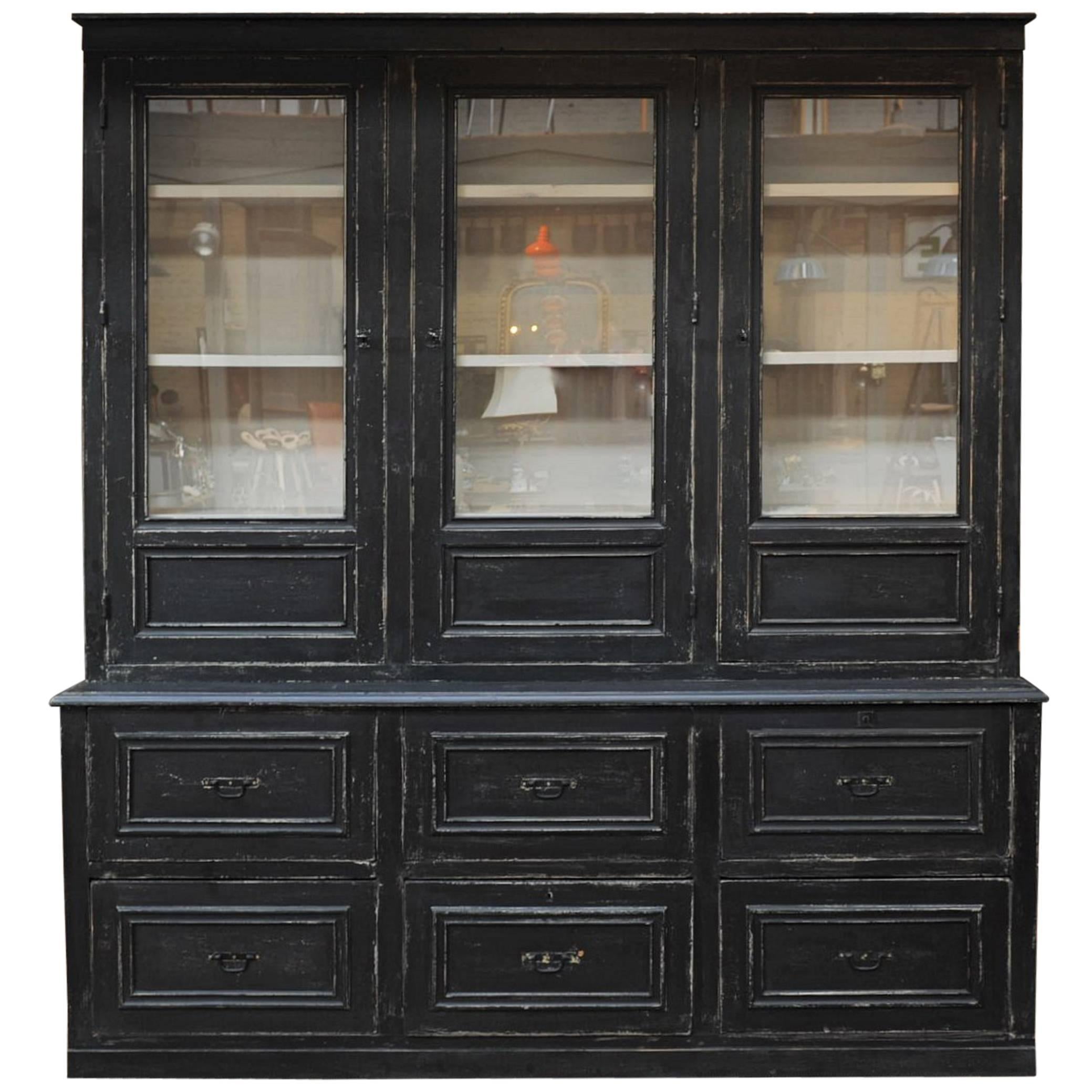 Large Buffet Two Corps Black Painted Pine Bookcase Cabinet, 1910s