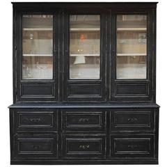 Large Buffet Two Corps Black Painted Pine Bookcase Cabinet, 1910s