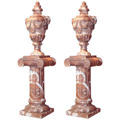 Pair of French 19th Century Red Marble Columns with Vases 4