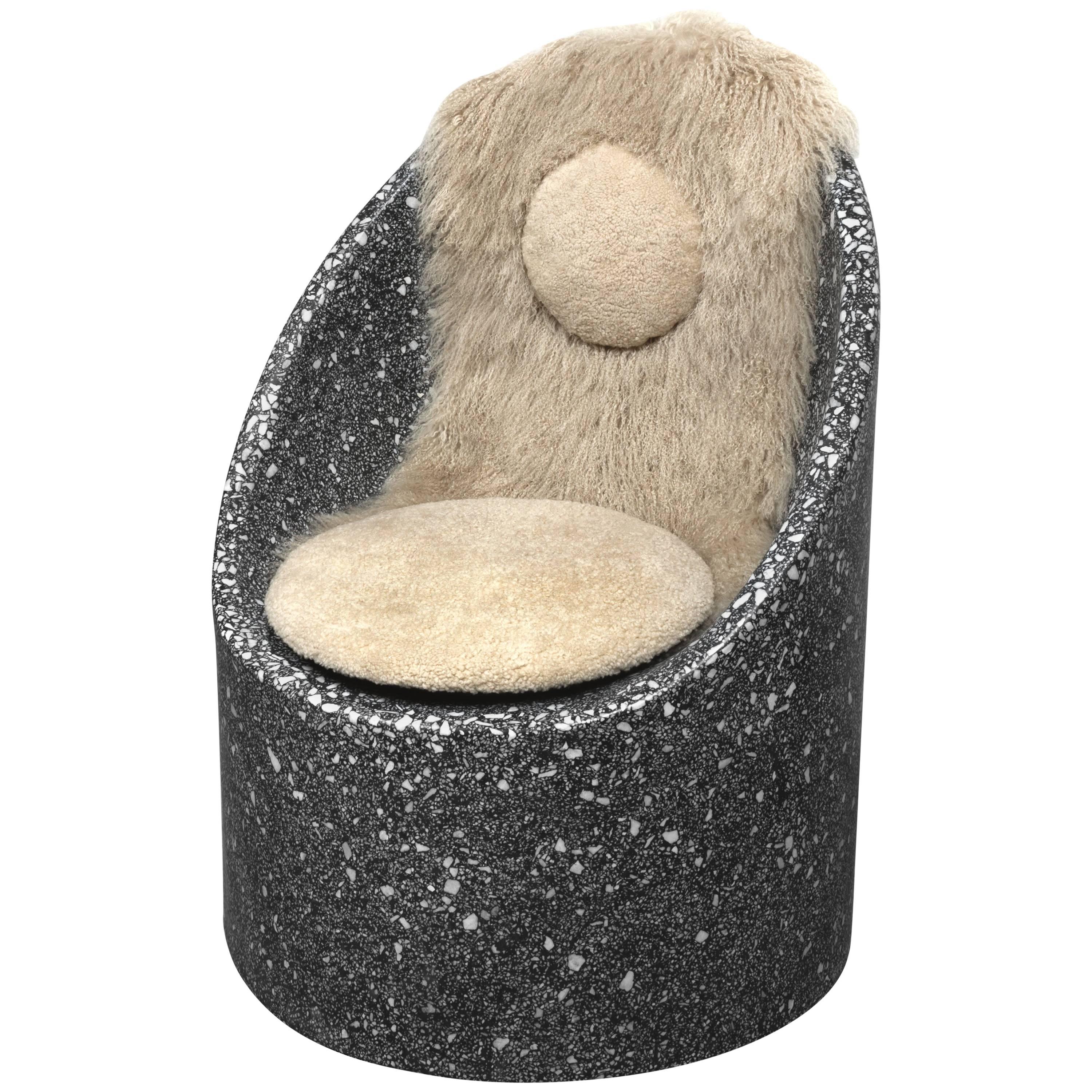 Sculptural Cozy Cave Chair in Black Cement/White Marble Terrazzo with Sheepskin For Sale