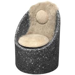 Sculptural Cozy Cave Chair in Black Cement/White Marble Terrazzo with Sheepskin