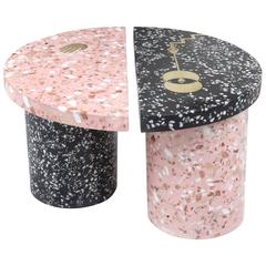 Yin Yang Tables in Pink and Black Cement Terrazzo with Brass Inlays