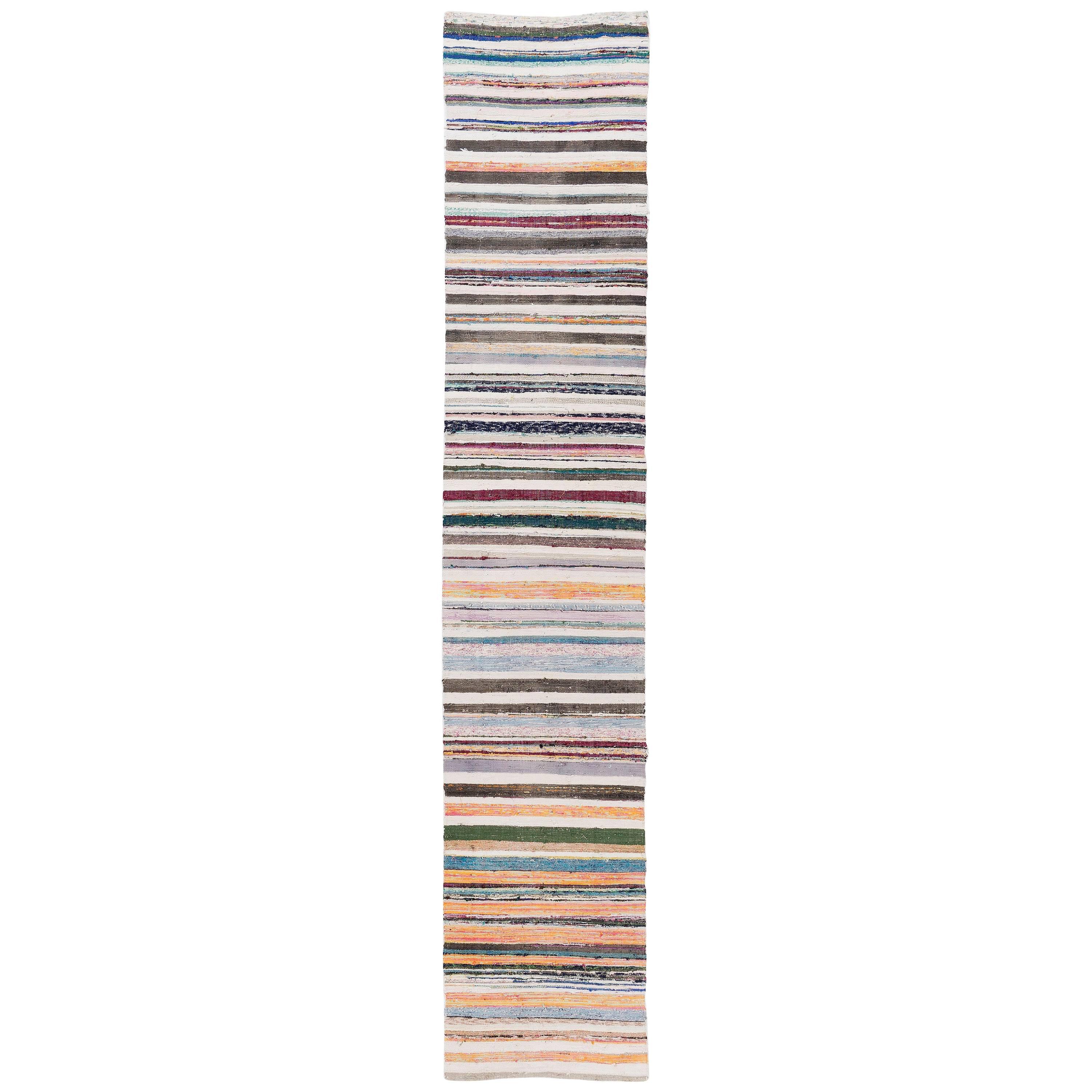 Colorful Striped Kilim Runner, Cotton Flat-Weave Rug