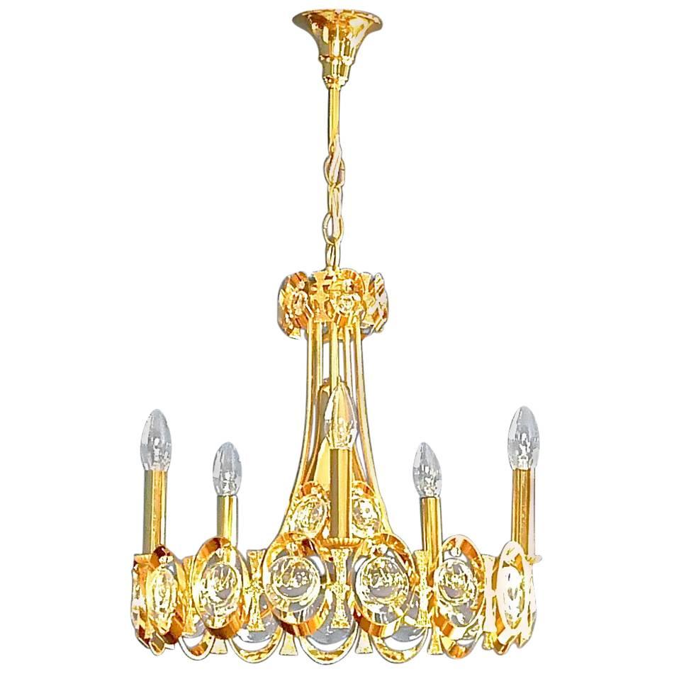Großer Palwa-Kronleuchter, Op Pop Art, vergoldetes Messing, optische Kristallglasscheiben, 1960er Jahre