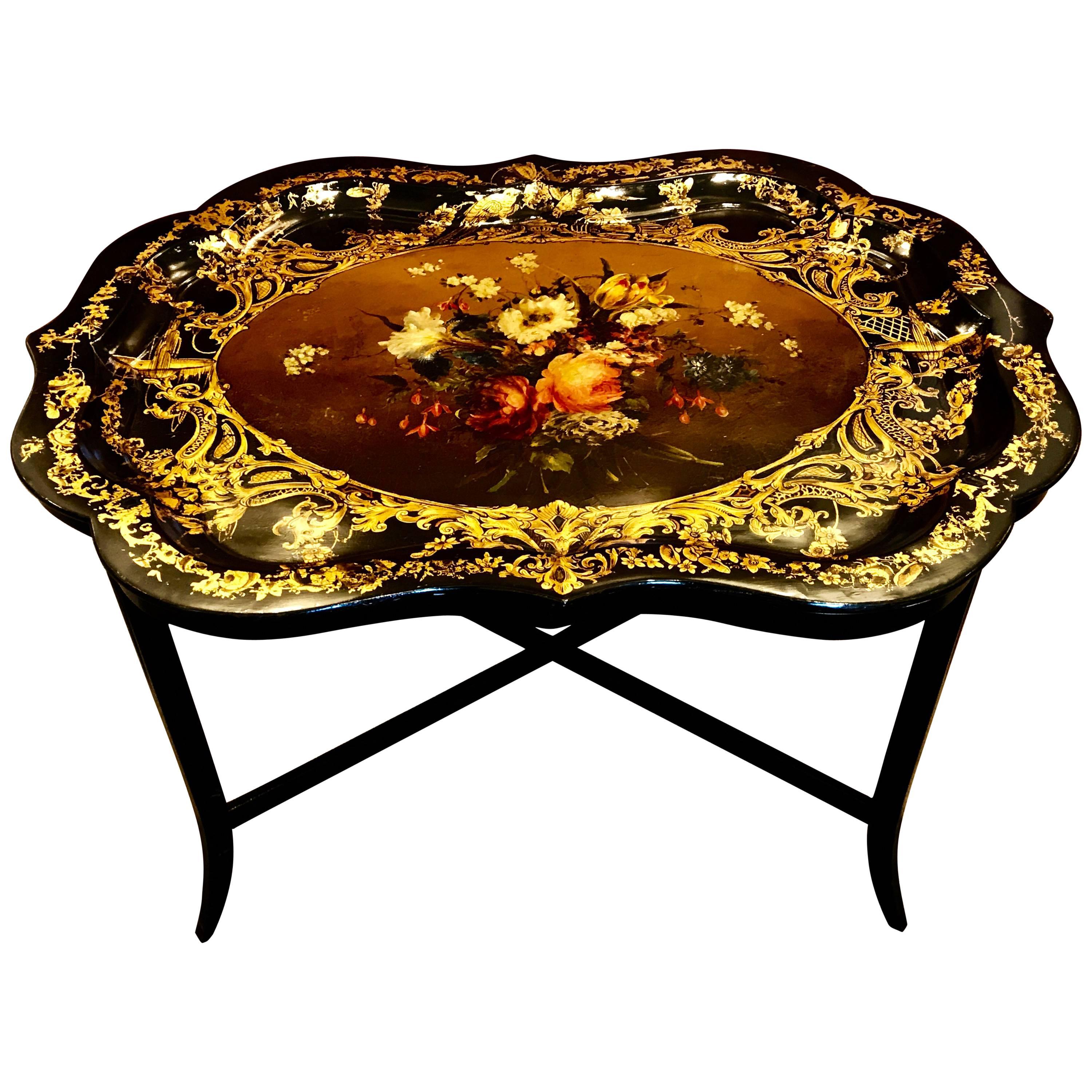 Stunning 19th Century English Papier Mâché Gilt Floral Tray, Now as a Table