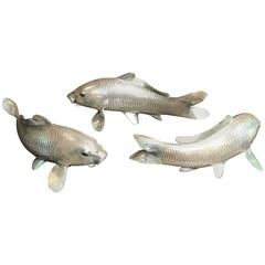 Japan Fine Silver Bronze Fish Koi Prosperity Set Three Mint, Signed & Boxed