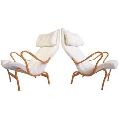 Pair of Bruno Mathsson White Faux Fur Pernilla Chairs 2