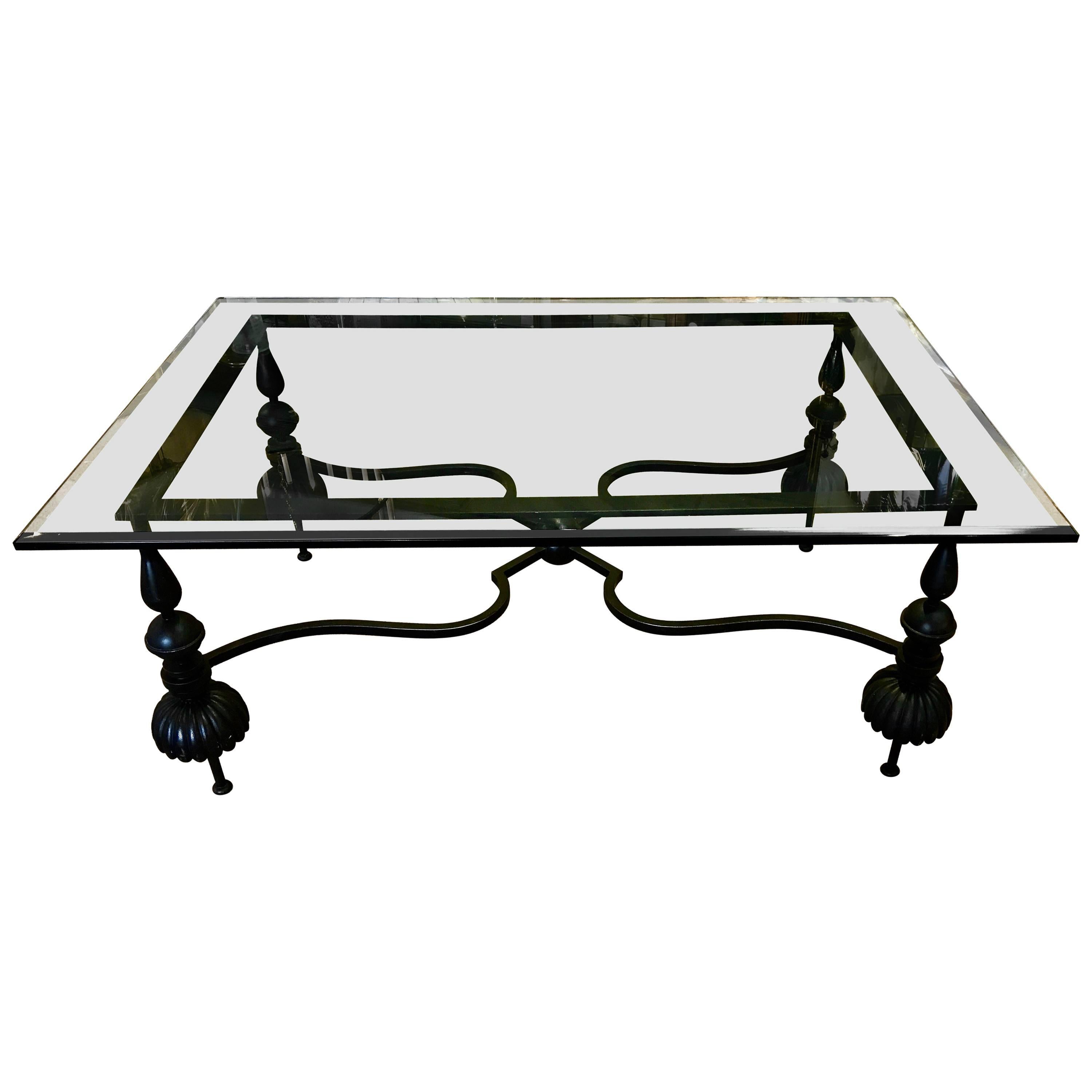 Beautiful Neoclassical Wrought Gun Metal and Beveled Glass Coffee Table