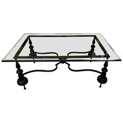 Beautiful Neoclassical Wrought Gun Metal and Beveled Glass Coffee Table 1