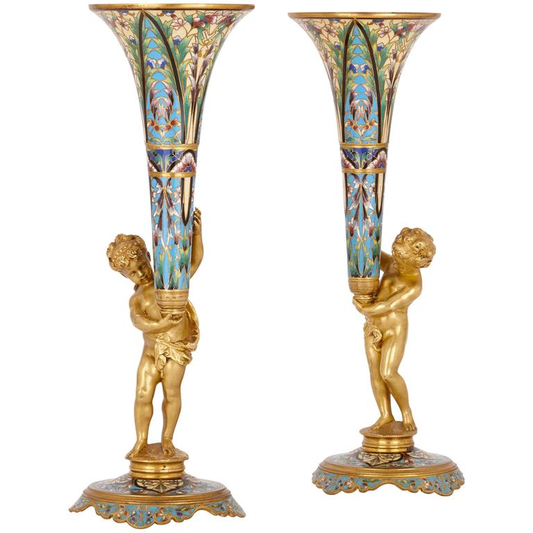Pair of Ormolu and Champlevé Enamel Antique French Vases For Sale at