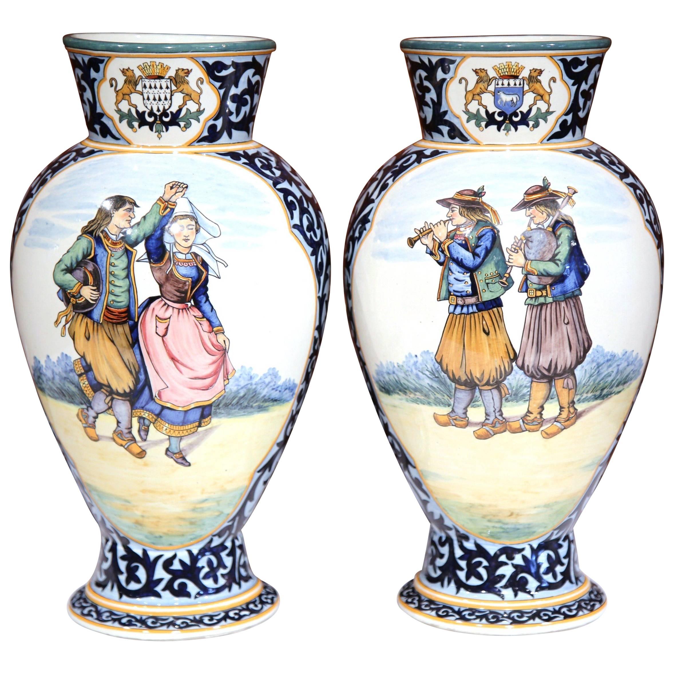 Pair of 19th Century French Painted Faience Vases Signed Henriot Quimper