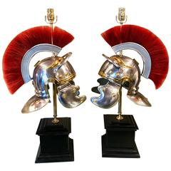 Pair of Grand Tour Style Steel and Brass Roman Helmets, Now as Lamps 10