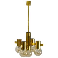 1970s Italian Brass Pendant by Sciolari with Five Honey Glass Globes