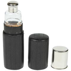 Antique 1920s Cut-Glass Flask with Silver Cap and Cup in a Black Leather Case