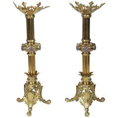 Pair of Antique Brass Candlesticks with cloisonné