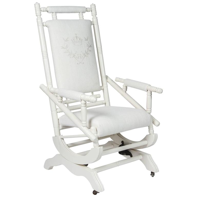 Antique Spring Rocking Chair With Custom Embroidery On Vintage Linen Antique Spring Rocking Chair With Custom Embroidery On Vintage Linen For