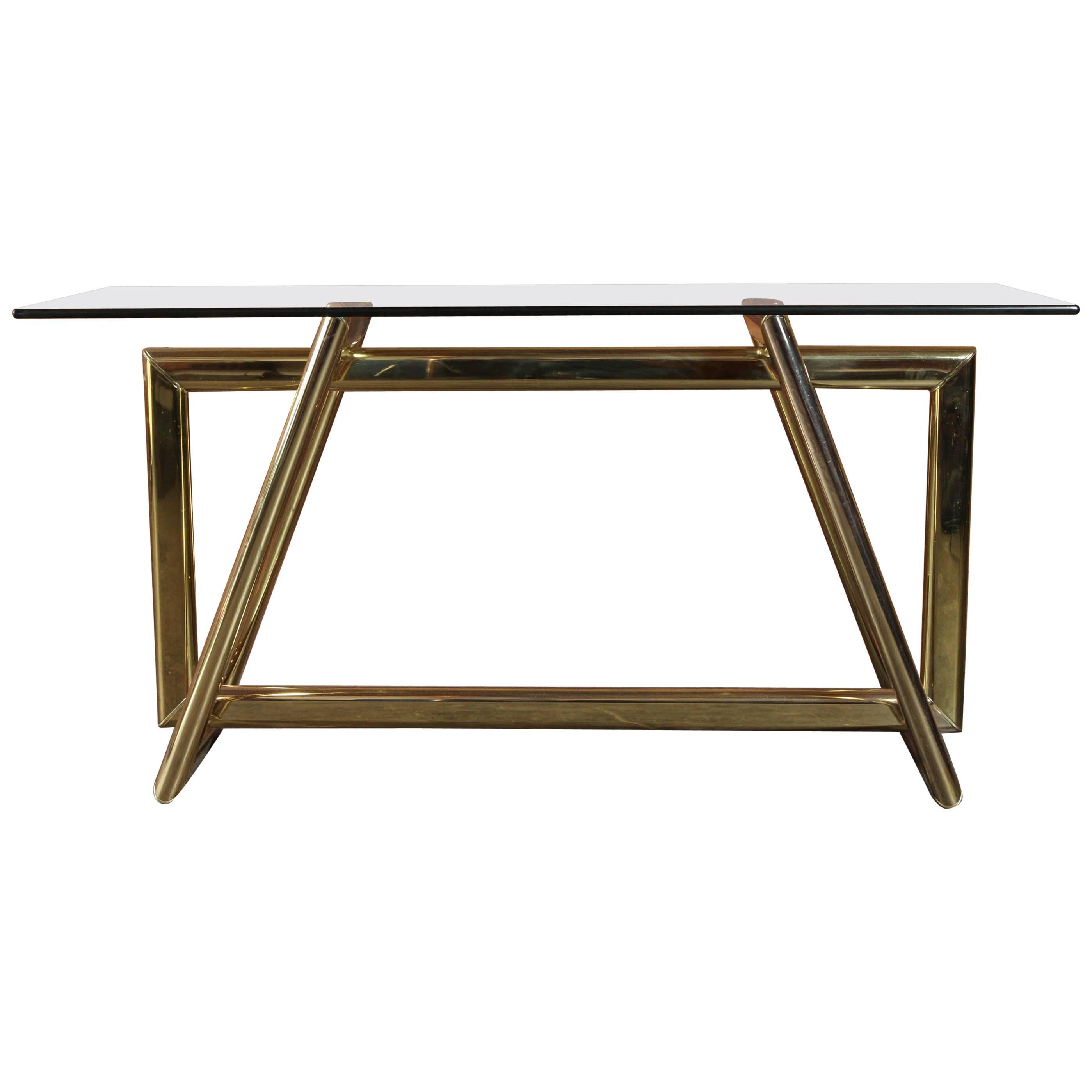 Vintage Sculptural Brass Base Thick Glass Console Table For Sale