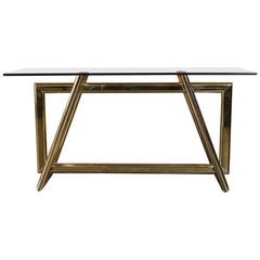 Vintage Sculptural Brass Base Thick Glass Console Table