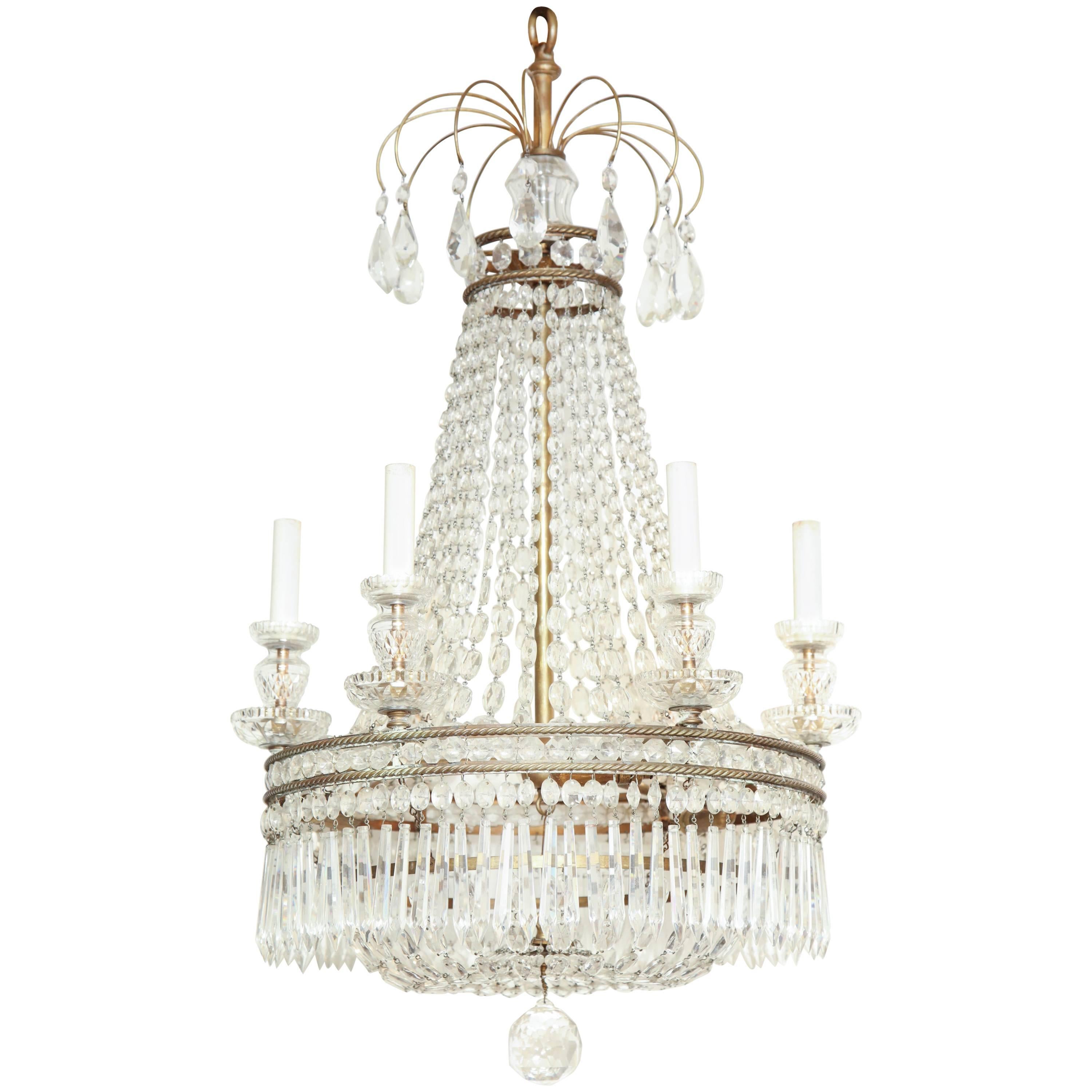 French Crystal and Bronze Six-Light Chandelier