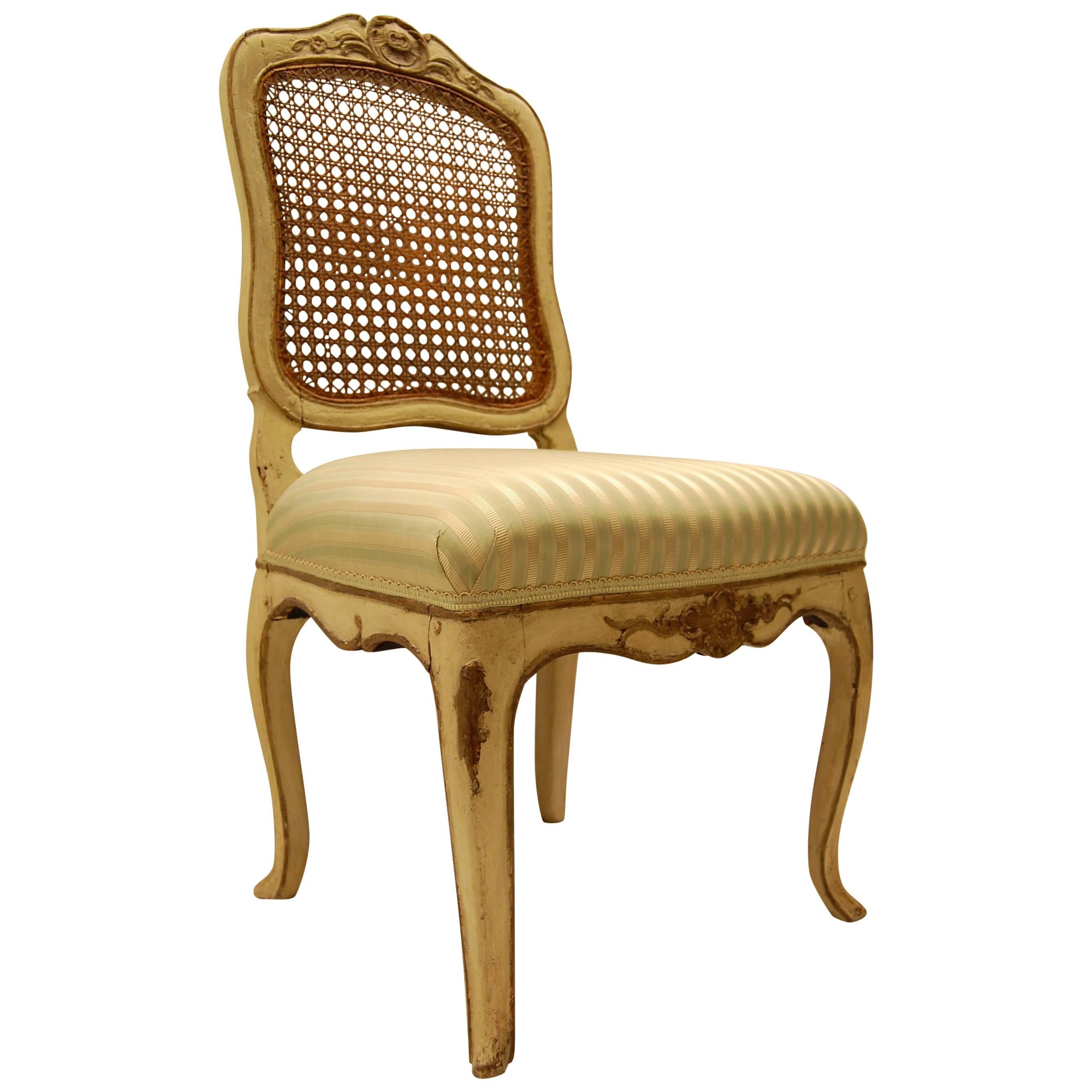 Louis XV Style Chair with Hand-Caned Back in Original off White Painted Finish For Sale